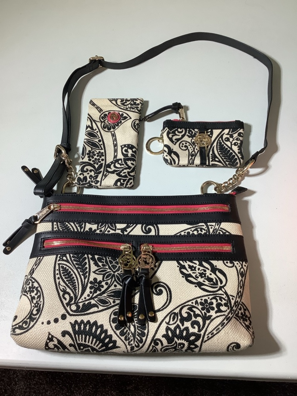 Spartina 449 Black and Cream Paisley Crossbody Bag with Coin Pouch and Card Case